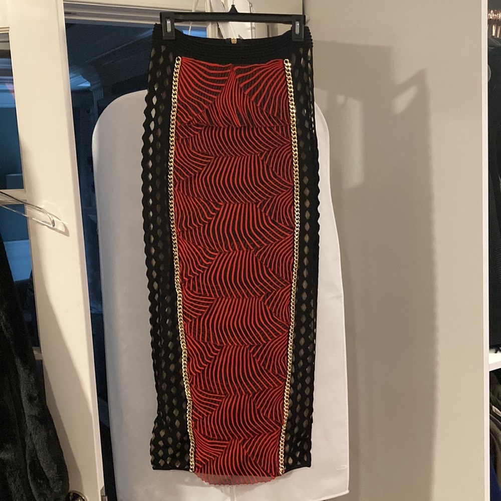 NWT BALMAIN Multi-Way Chain-Trimmed Laser Cut Mesh Midi Skirt